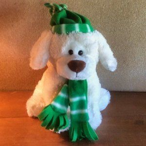 Gitzy White Dog Striped Green Winter Hat & Scarf Plush Stuffed Animal Toy 2016